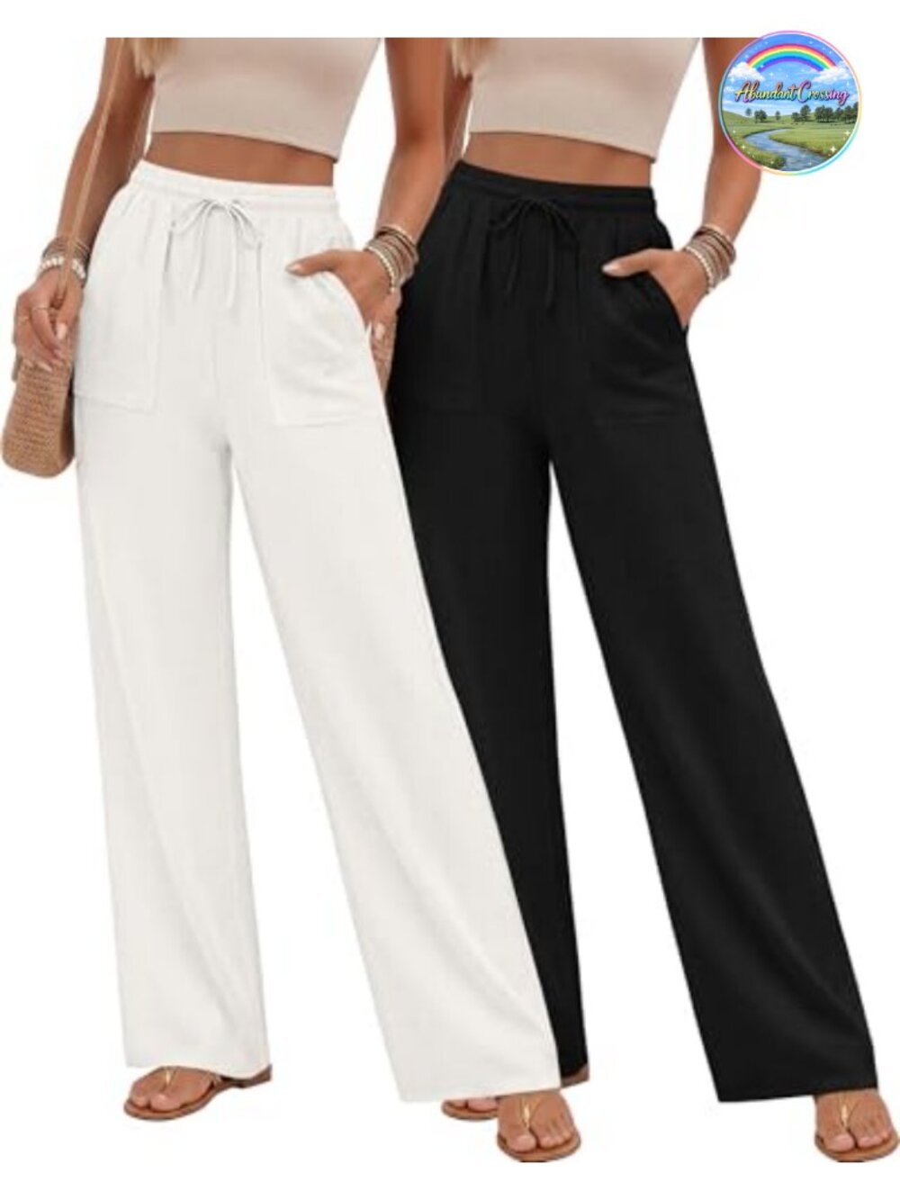 2 Pack Linen Pants Women's Straight Leg Pull On Elastic Waist Summer